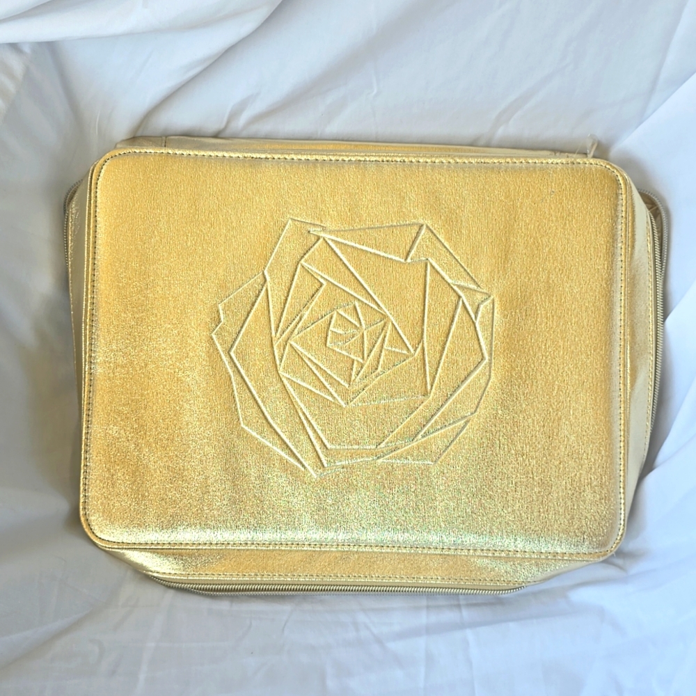 Womens Lancome Gold Makeup Case Rose Engraving Zipper Closure Soft Cosmetic Bag